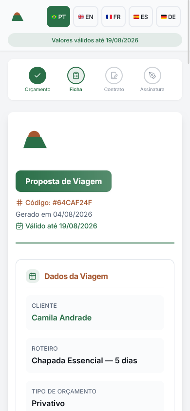 Proposta de viagem aberta no celular, com a identidade da agência no topo e o início dos dados da viagem.