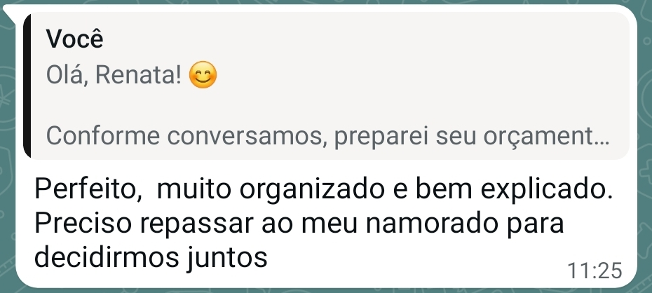 Conversa no WhatsApp: a agência envia a proposta e a cliente Renata responde, às 11h25 — "Perfeito, muito organizado e bem explicado. Preciso repassar ao meu namorado para decidirmos juntos".